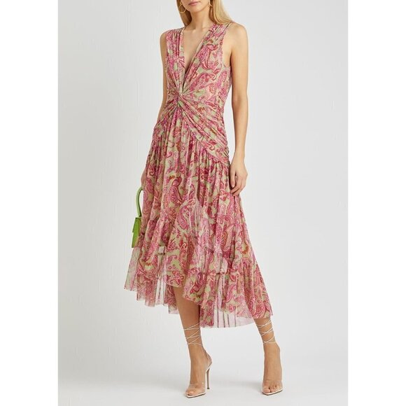 NWT MISA LA Ava Paisley Print Stretch Maxi Dress V-Neck Tulle Size XS $355 - Picture 3 of 8